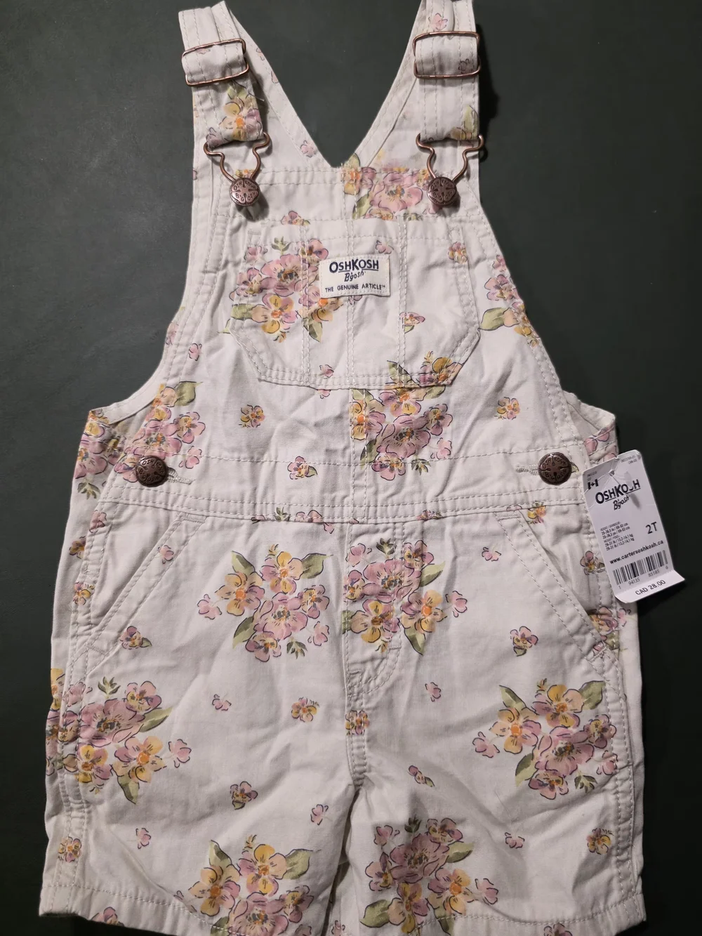 OshKosh B'gosh White Floral Short Overalls with Pink & Yellow Flowers